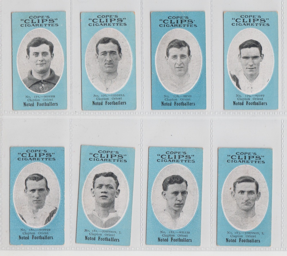 Cigarette cards, Cope's Noted Footballers, (Clip's 500 subjects), Clapton Orient, 8 cards, nos