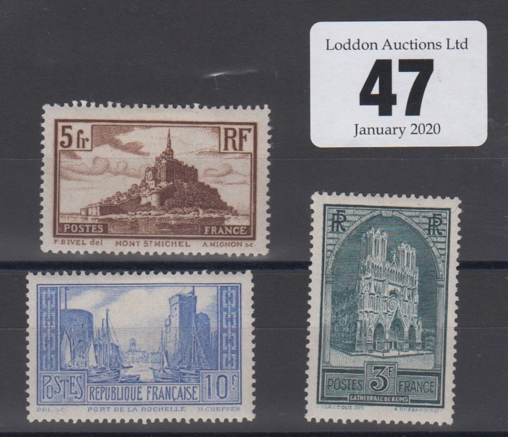 Stamps, France, three stamps, 1929, SG472, 473a & 474b, all mint catalogue value £220+