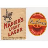 Beer labels, Openshaw Nut Brown Ale, v.o and Napier's Light Lager, vertical rectangular (gd) (2)