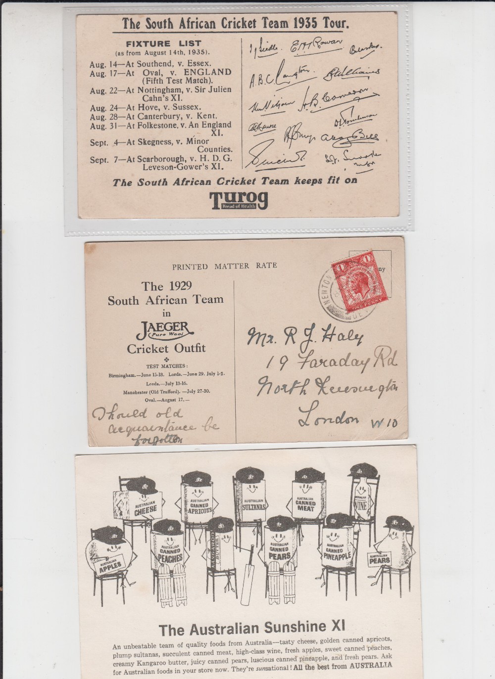 Trade cards, Cricket, three postcard sized cards, Turog The South African Cricket Team 1935 Tour - Image 2 of 2
