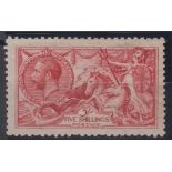 Stamp, GB, 5/- De la Rue, Seahorse, bright carmine, SG 409, mounted mint, catalogue value £650