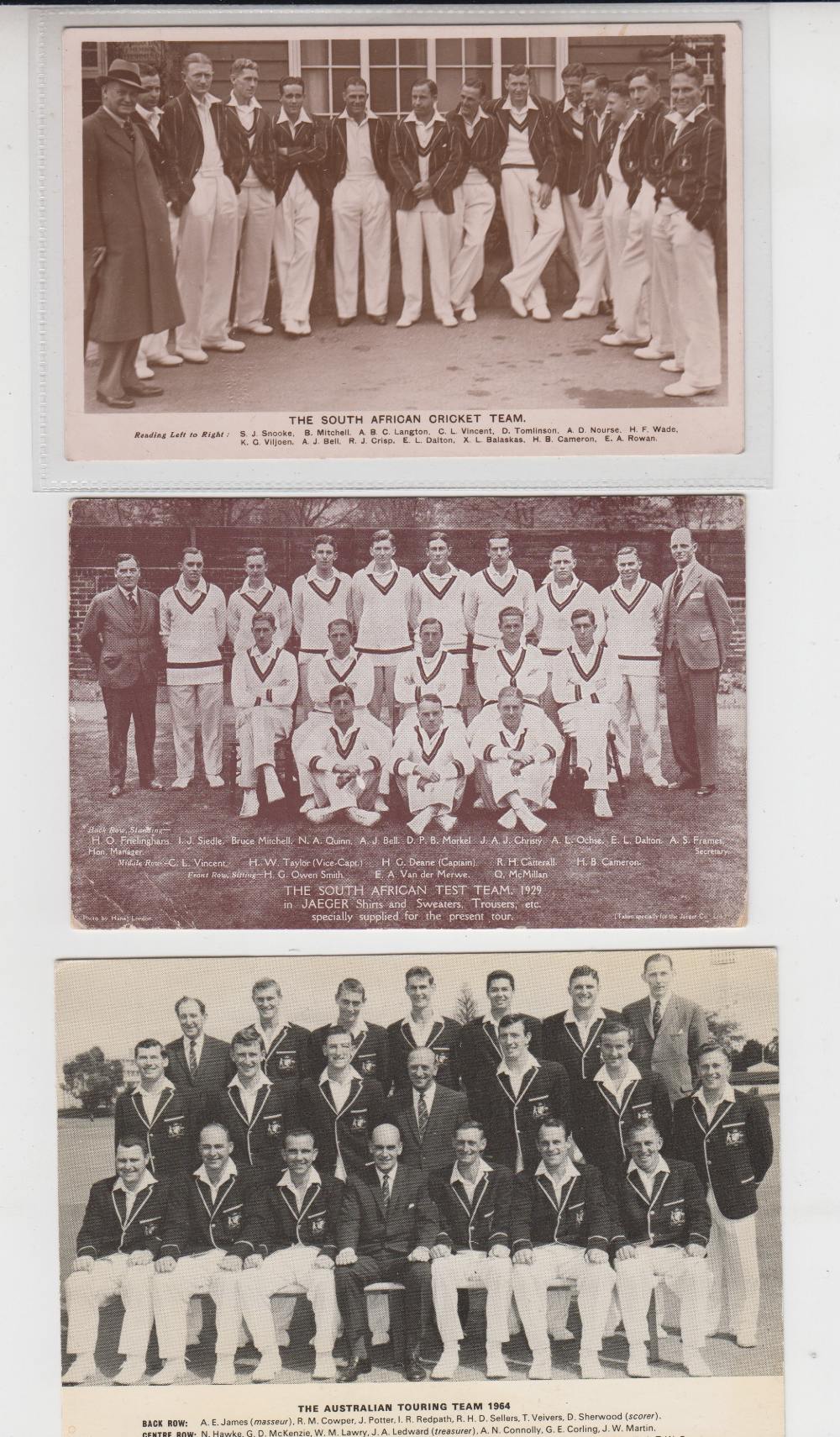 Trade cards, Cricket, three postcard sized cards, Turog The South African Cricket Team 1935 Tour