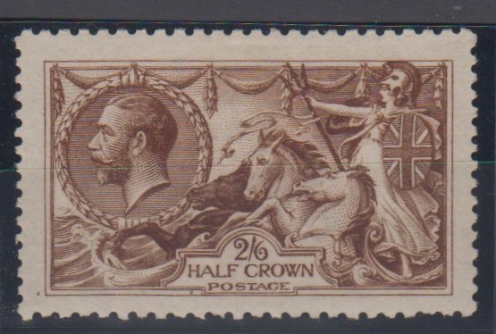 Stamp, GB, 2/6- De la Rue, Seahorse, yellow-brown, SG 406, mounted mint, catalogue value £325