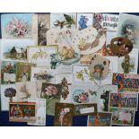 Tony Warr Collection, Ephemera, Victorian and Early 20th C Greetings Cards, 100+ die cut, glitter,