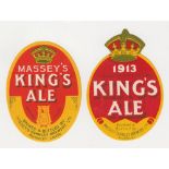 Beer labels, Massey's Burnley Brewery Ltd, 1913 King's Ale (v.o with crown) & King's Ale, v.o, (