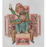 Trade card, Lever Bros, mechanical die-cut advertising card showing boy and girl on sledge with
