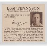 Tobacco insert, Du Maurier, paper insert showing Lord Tennyson, Cricket Captain County & England (