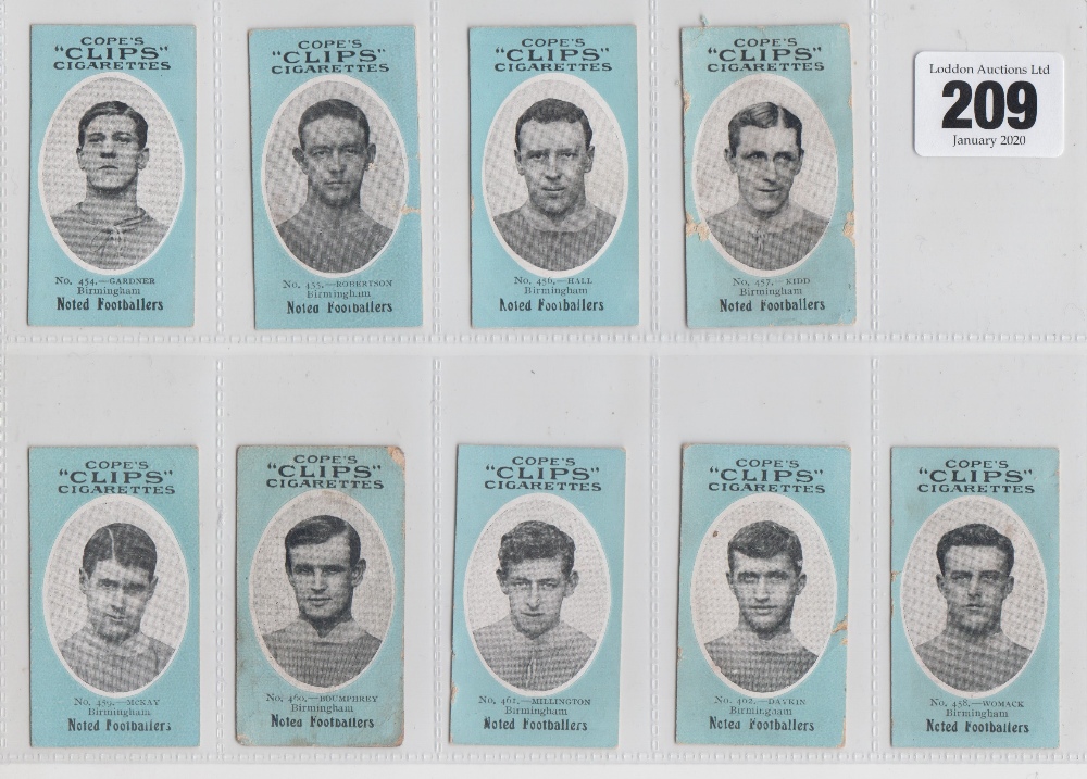 Cigarette cards, Cope's, Noted Footballers, (Clip's, 500 subjects), Birmingham City, 9 cards, nos