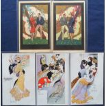 Postcards, Art Nouveau, 3 cards by A K MacDonald, 'At Home', 'At the Theatre' & 'At a Garden Party',
