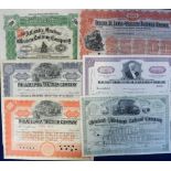 Railway Shares/Bonds, 16 USA and 1 Canadian share certificates many with engravings of old locos,