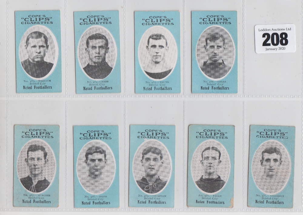 Cigarette cards, Cope's, Noted Footballers, (Clip's, 500 subjects), Bristol City, 9 cards, nos 463-