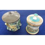 Victorian Tobacco Jars, Palissy Ware Majolica style tobacco jar with pewter lid (damaged and with