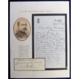 Royalty ephemera, a signed letter dated Sept 25th 1910 written by Prince Arthur, Duke of Connaught &