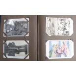 Postcards, a mixed age topographical and subject collection of 150 cards in vintage album. UK