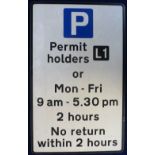 Collectables, 1990s roadside parking permit sign, states 'P Permit Holders L1 or Mon-Fri 9 am - 5.30