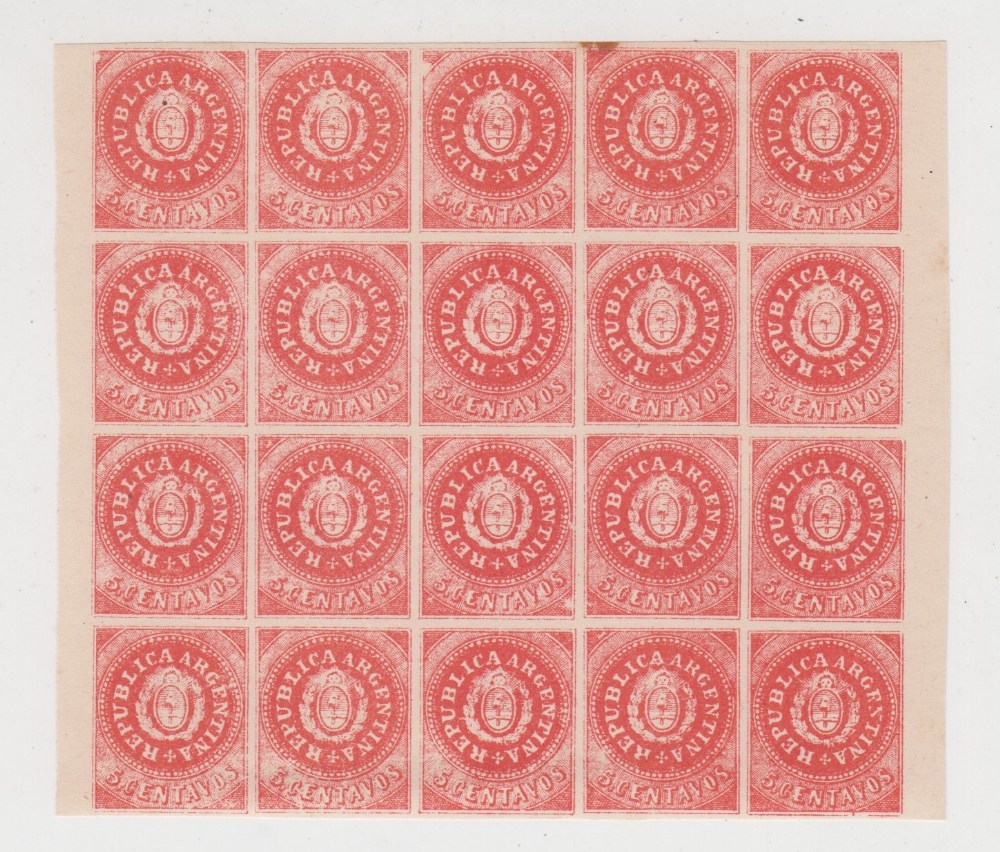 Stamps, Argentina block of 20, 5 Centavos stamps, believed to be reprints, with full original gum,
