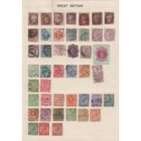 Stamps, collection of QV-QE11 postal history and other GB stamps on vintage album pages.