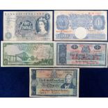 Banknotes, a selection of 5 notes, British Linen Bank (Edinburgh), £5 note 17 July 1964 and £1