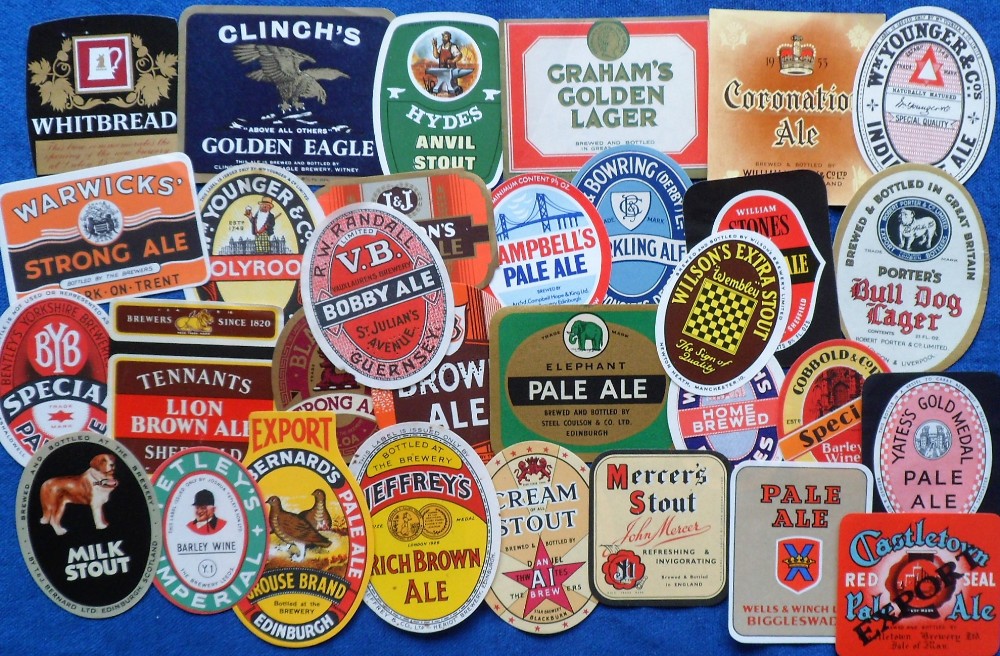 Beer labels, a mixed selection of 30 different labels (5 with contents), various shapes, sizes and