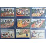 Postcards, series of 6 artist drawn cards showing black children playing with home-made cart, by