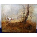 Oil Paintings, a pair of oil on canvas paintings signed 'Kingman' depicting hunting dogs 'putting