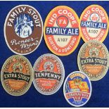 Beer labels, a mixed selection of 7 labels inc. Forest Hill Brewery, Family Stout, 2 different