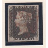Stamp, 1d black PI stated to be plate 4, good 4 margin copy with light Maltese cross cancel.