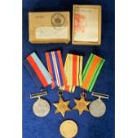 Military Medals, original WW2 Defence Medal, War Medal, 39-45 Star, and Italy Star in named box with