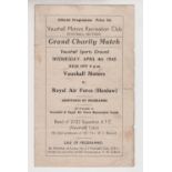 Football programme, wartime issue for 'Grand Charity Match', Vauxhall Motors v. Royal Air Force (