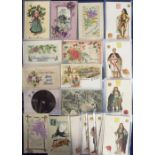 Postcards, a mixed subject collection of 36 cards inc. embroidered silks (6), embossed greetings (