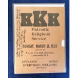 Ephemera, small Ku Klux Klan poster from 21st March 1926 advertising a Patriotic Religious Service