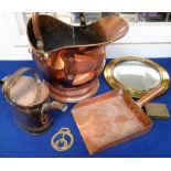 Copper and Brass, a large coal scuttle, shovel and hot water can sold together with a brass porthole