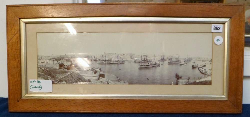 Photograph, framed photograph of Malta Harbour circa 1905 showing ships listed as Minerva, Duncan,