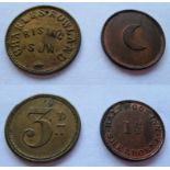 Pub tokens, Rising Sun, Charles Rowland 3d and Half Moon Inn Sherborne (1 and a half d) (fair/gd) (