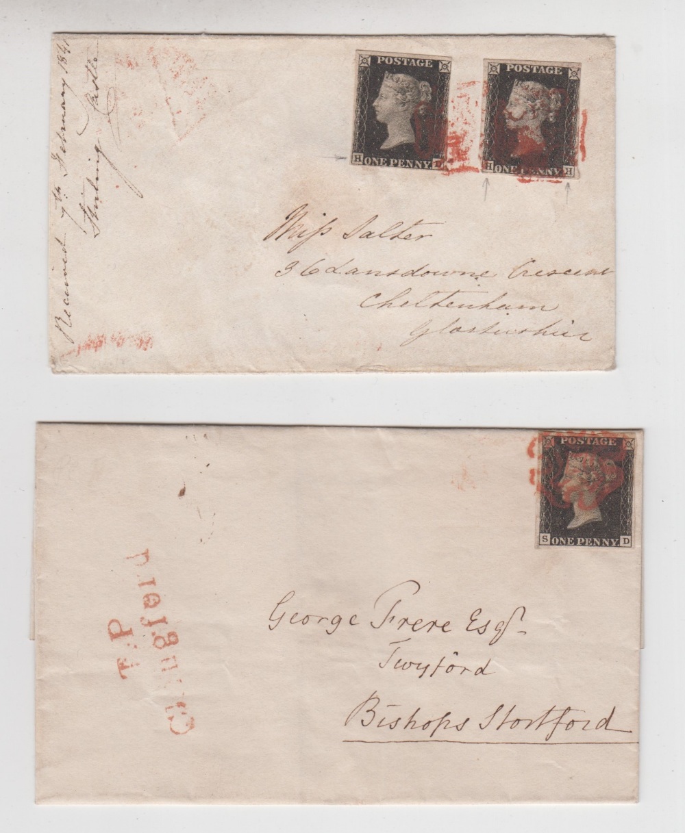 Stamps, 3 1d blacks on covers. SD stated to be plate 3, 4 margin tied to cover dated 1840 by red