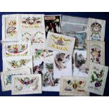 Postcards, a mixed subject collection of 34 cards including 15 embroidered silks (clock, RFA,