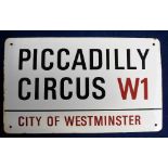 Original Enamel London Street Sign, 'Piccadilly Circus W1 City Of Westminster'. Approx. size 38 x 23