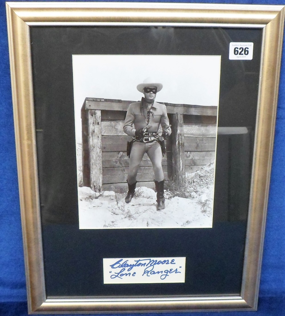 Entertainment autograph, Clayton Moore, b/w photo, overmounted with card & framed and glazed showing