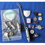 Collectables, selection inc. 4 whistles, one stamped 'The Acme City, Made in England' with chain,