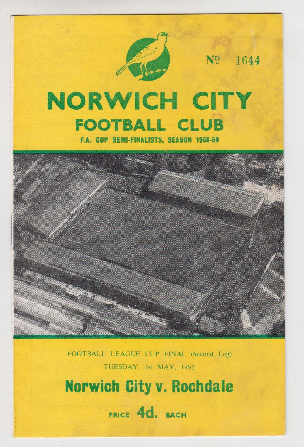 Football programme, League Cup Final 1962, Norwich v Rochdale, 1 May (some slight water staining,