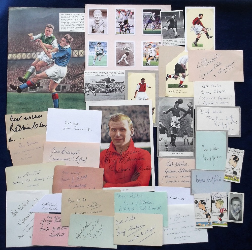 Football autographs, good, mixed selection of signed magazine pictures, trade cards, album pages