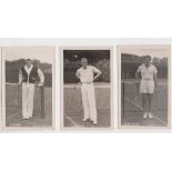 Tennis photographs, three b/w postcard size player images, all posed alongside tennis court, Y.