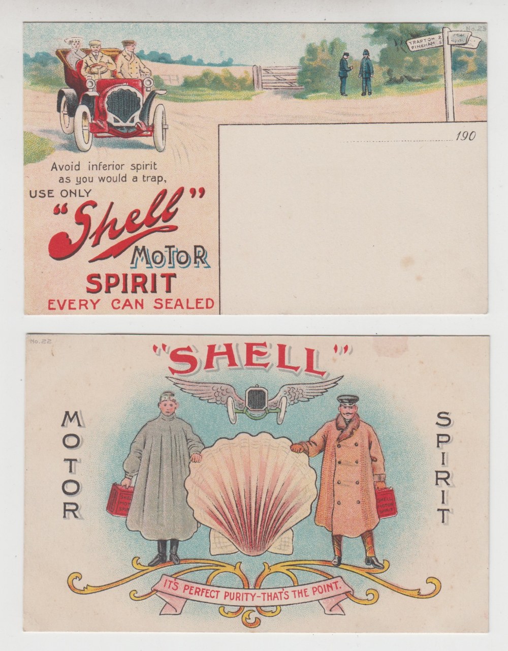 Postcards, Advertising, Shell Motor Spirit, two cards, nos 22 & 25, one ub (very slight foxing, both