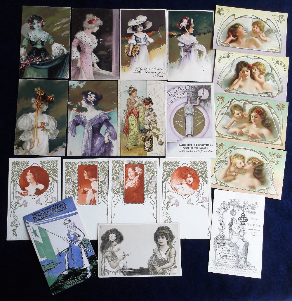 Postcards, Glamour, selection of 19 cards inc. Art Nouveau, Tuck's, Embossed, classic girls heads,