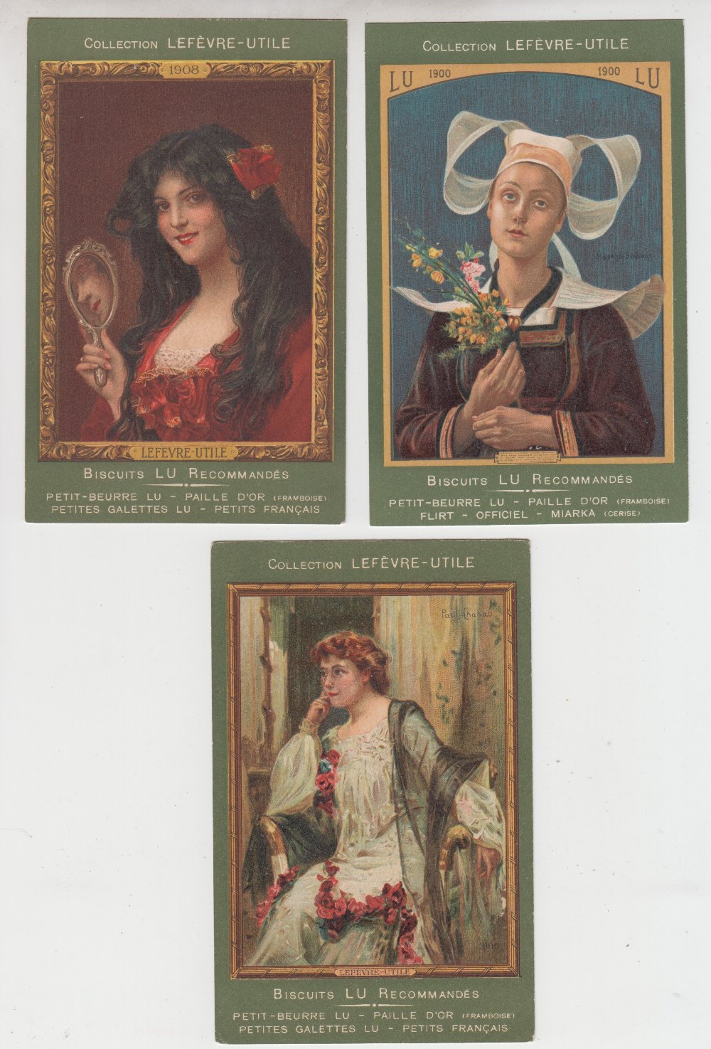 Postcards, Advertising, Lefevre-Utile, three cards, LU 1900 by Berteaux & 1905 & 1908 by Chabas, all