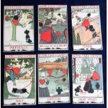 Postcards, JHR artist drawn comedy set of 6 cards, 'Some Card Games' (slight foxing & tight printers