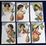 Postcards, Glamour, Raphael Tuck, Glamour Girls, embossed & silvered cards with fruit, musical