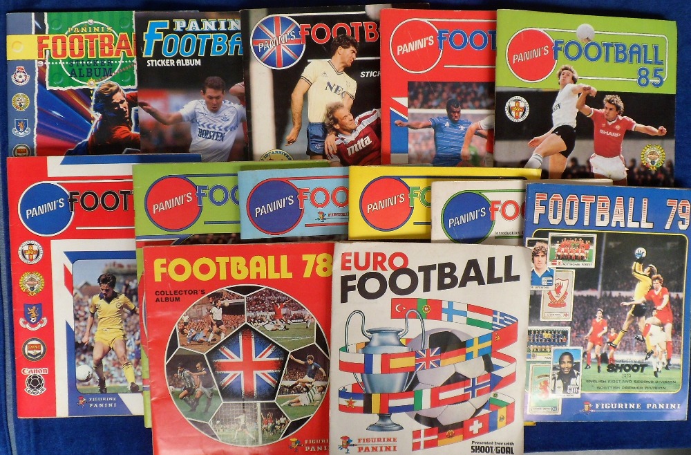 Football sticker albums, a collection of 13 Panini albums, all with stickers and all appear