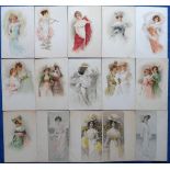 Tony Warr Collection, Postcards, Art Nouveau, a selection of 15 cards of pretty girls in fashionable