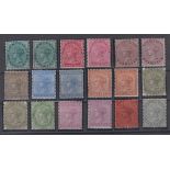 Stamps, India 1882-90 QV. Set of 18 definitives including shade varieties in mint condition. SG23-